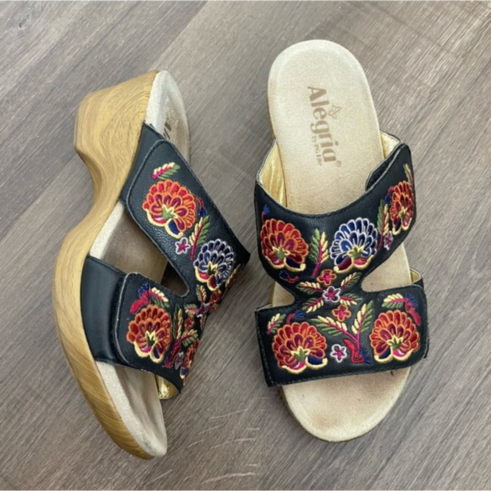 Alegria Linn Black Needles And Pins Sandal Leather Embroidered Platform Size 39